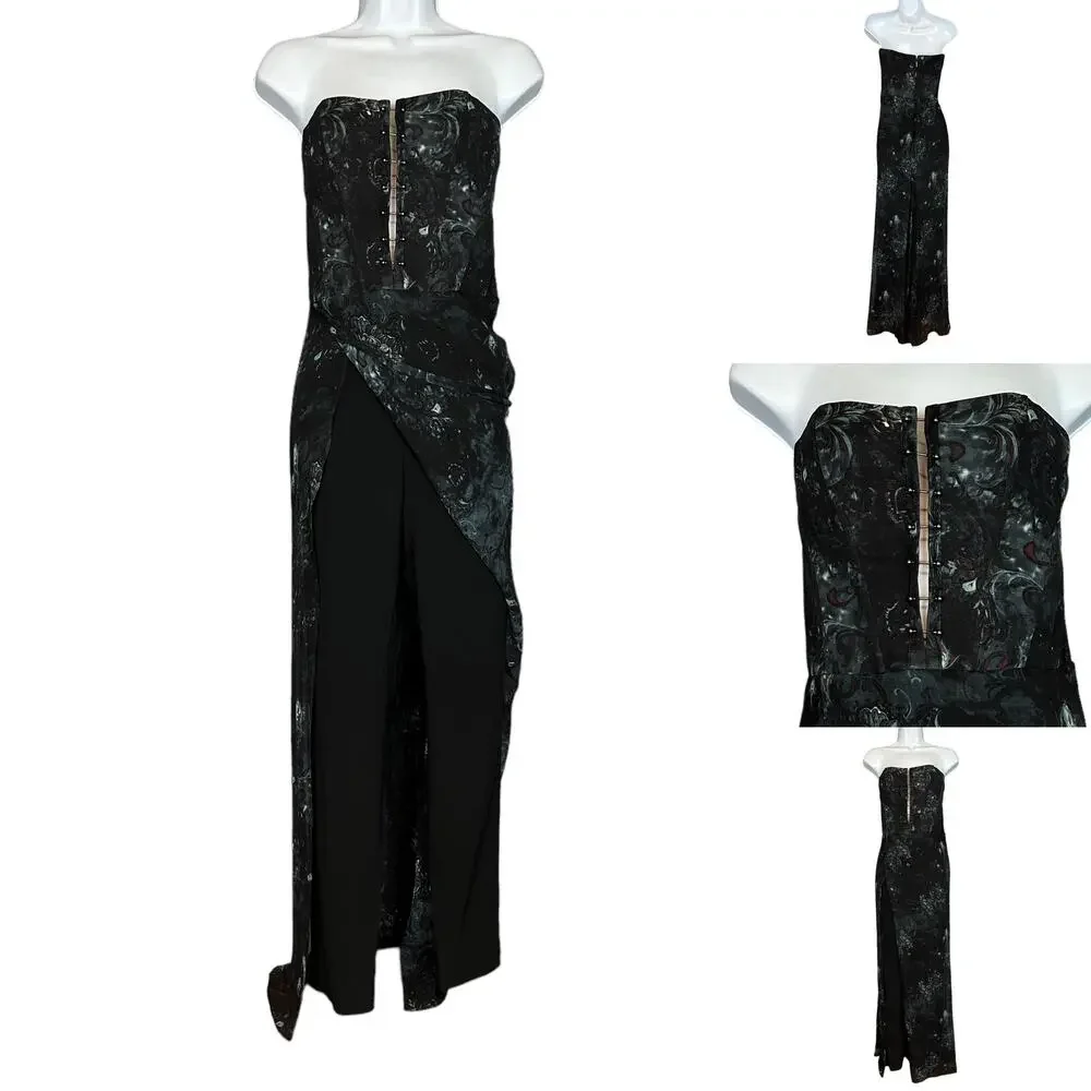 Haute Hippie Black Cocktail Jumpsuit Size 8 Silk Chiffon Bustier Designer Y2K - Picture 3 of 8